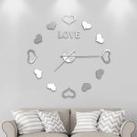 3D Wall Clock Kinglive,Frameless DIY Wall Clock Mirror Stickers Silver Clocks for Living Room Decor with Heart-Shaped