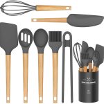 Silicone Kitchen Cooking Utensil Set, Heat Resistant, Wooden Kitchen Utensils with Stainless Steel Holder, Cooking Tools for Nonstick Cookwa