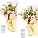 Rustic Wall Sconces Mason Jar Sconces Handmade Wall Art Hanging Design with Remote Control LED Fairy Lights and White Peony,Farmhouse Kitche