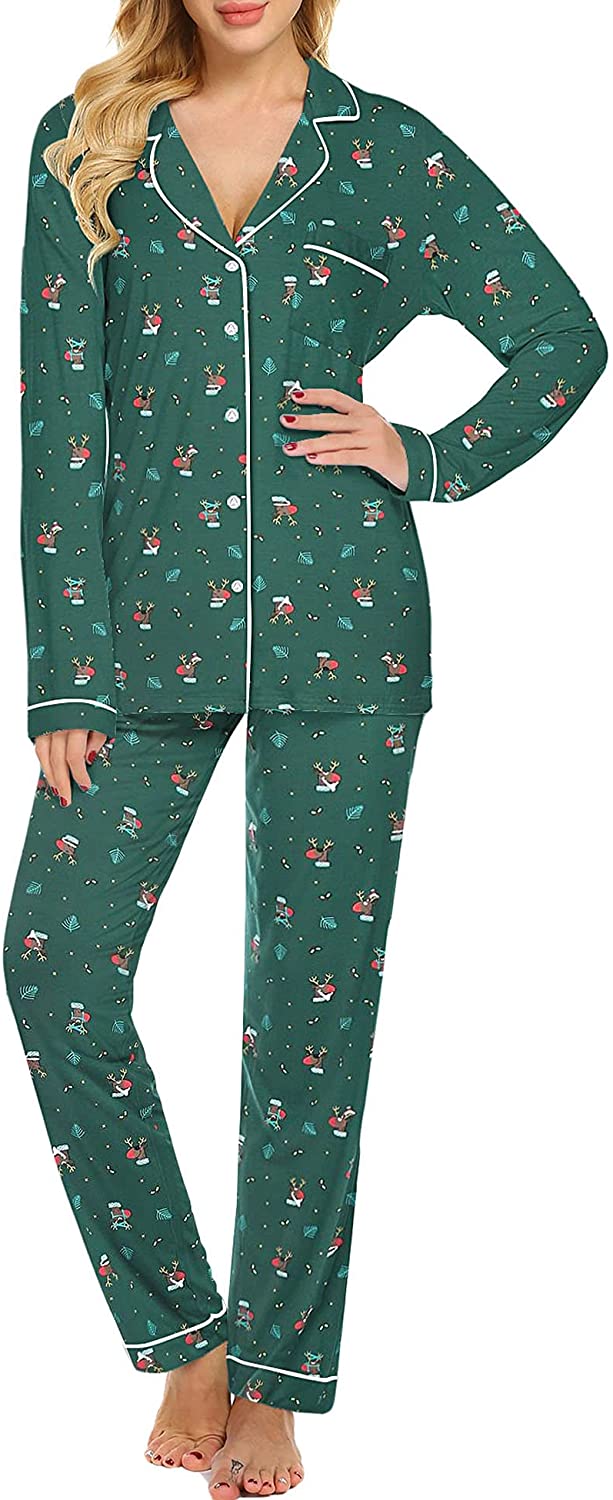 Ekouaer Pajamas Set Long Sleeve Sleepwear Womens Button Down Nightwear Soft Pj Lounge Sets XS-XXL