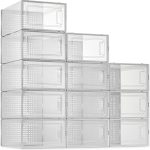 SESENO. 12 Pack Shoe Storage Boxes, Clear Plastic Stackable Shoe Organizer Bins, Drawer Type Front Opening Shoe Holder Containers
