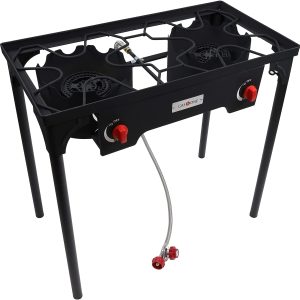 Gas One Propane Double Burner Two Burner Camp Stove Outdoor High Pressure Propane 2 Burner Adjustable PSI Regulator and 4ft Steel Braided Ho